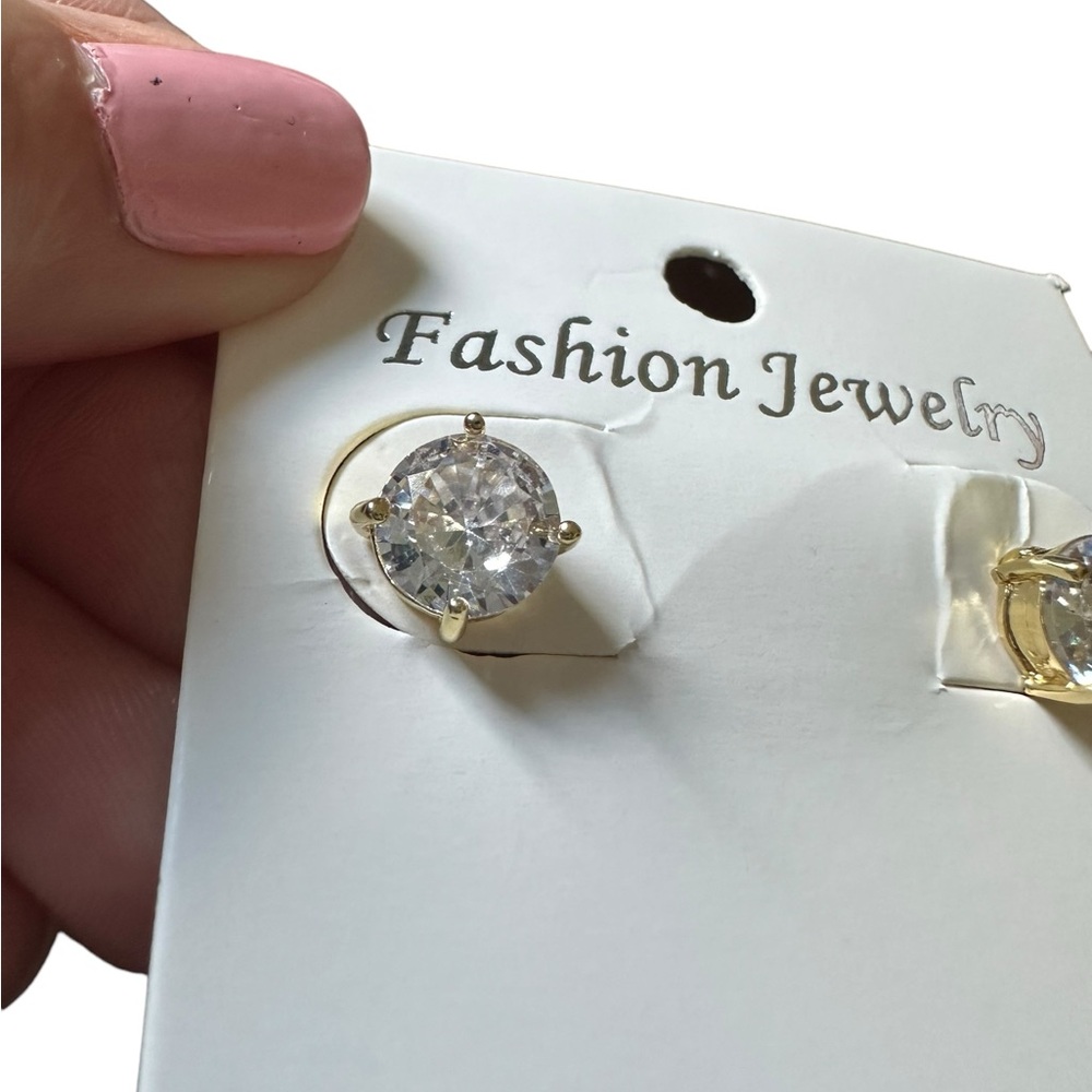 14K Gold Plated Round Diamond Zircon Stud Earrings - Picture 5 of 6